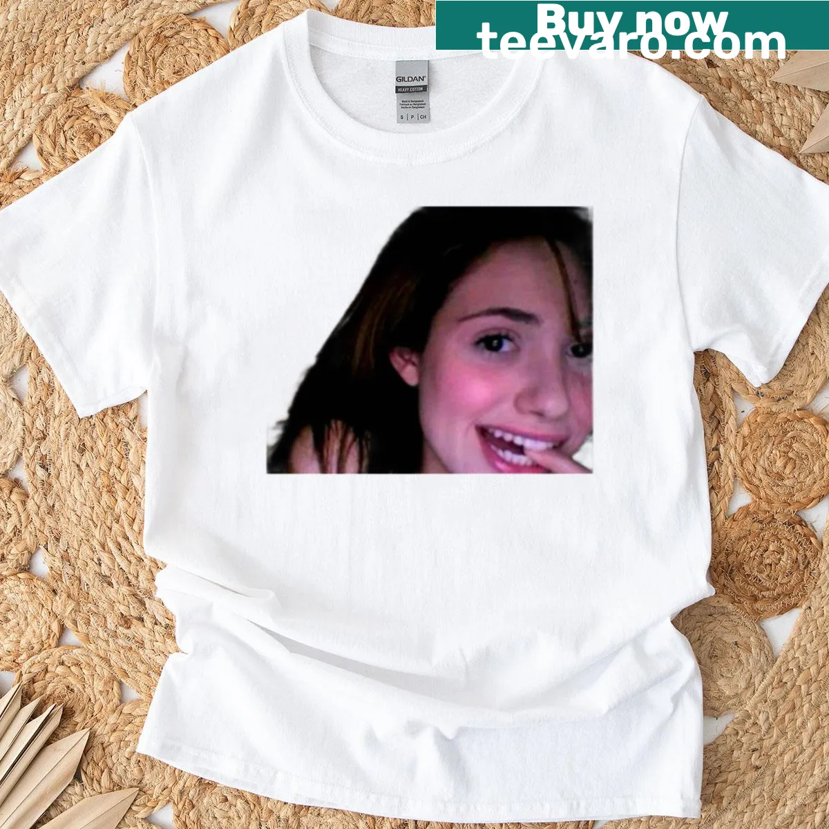 Emmy Rossum meme T-shirt with humorous graphic — on a men's t-shirt