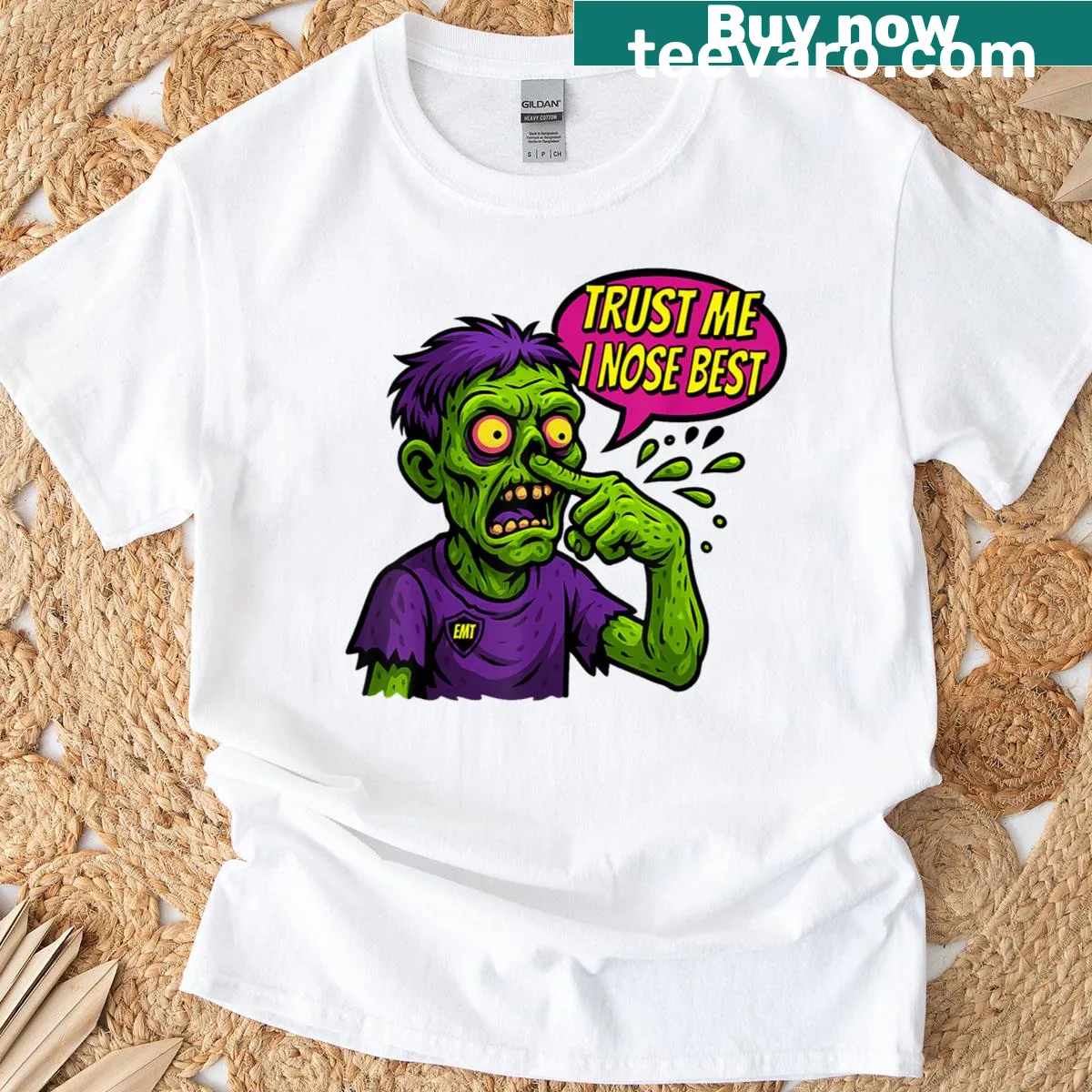 Funny zombie graphic T-shirt for Halloween — on a men's t-shirt