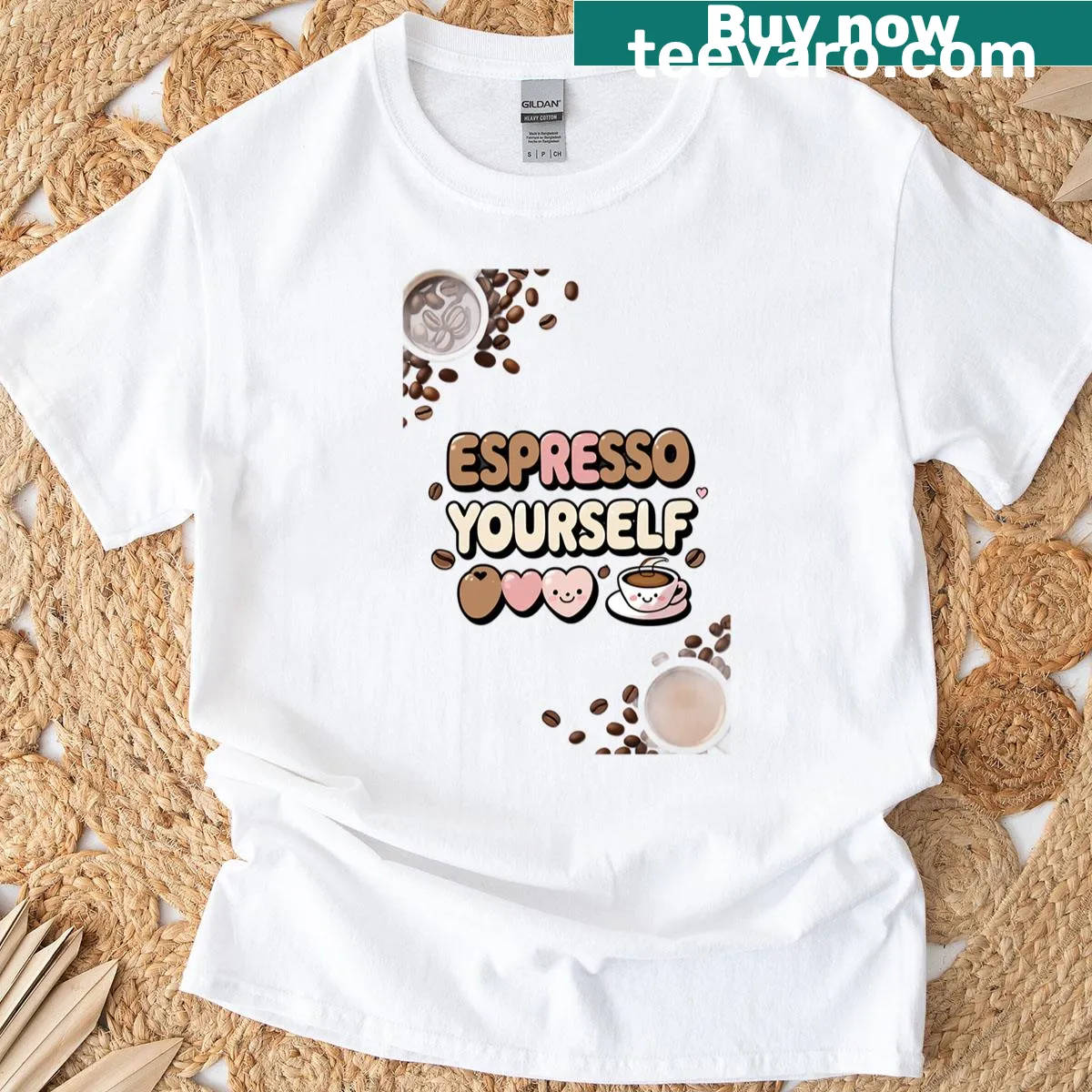 Espresso Yourself t-shirt with playful coffee-themed text — on a men's t-shirt