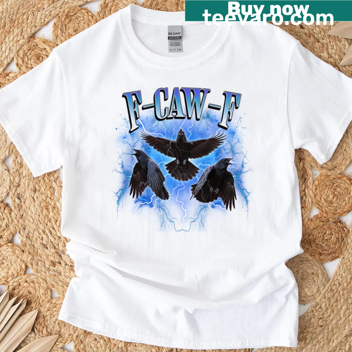 Funny raven graphic with 'F-caw-f' text T-shirt — on a men's t-shirt