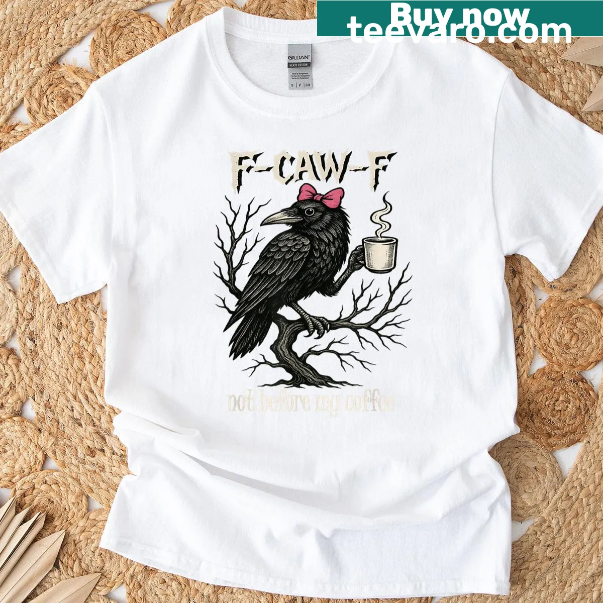 Funny coffee-themed crow T-shirt for women — on a men's t-shirt