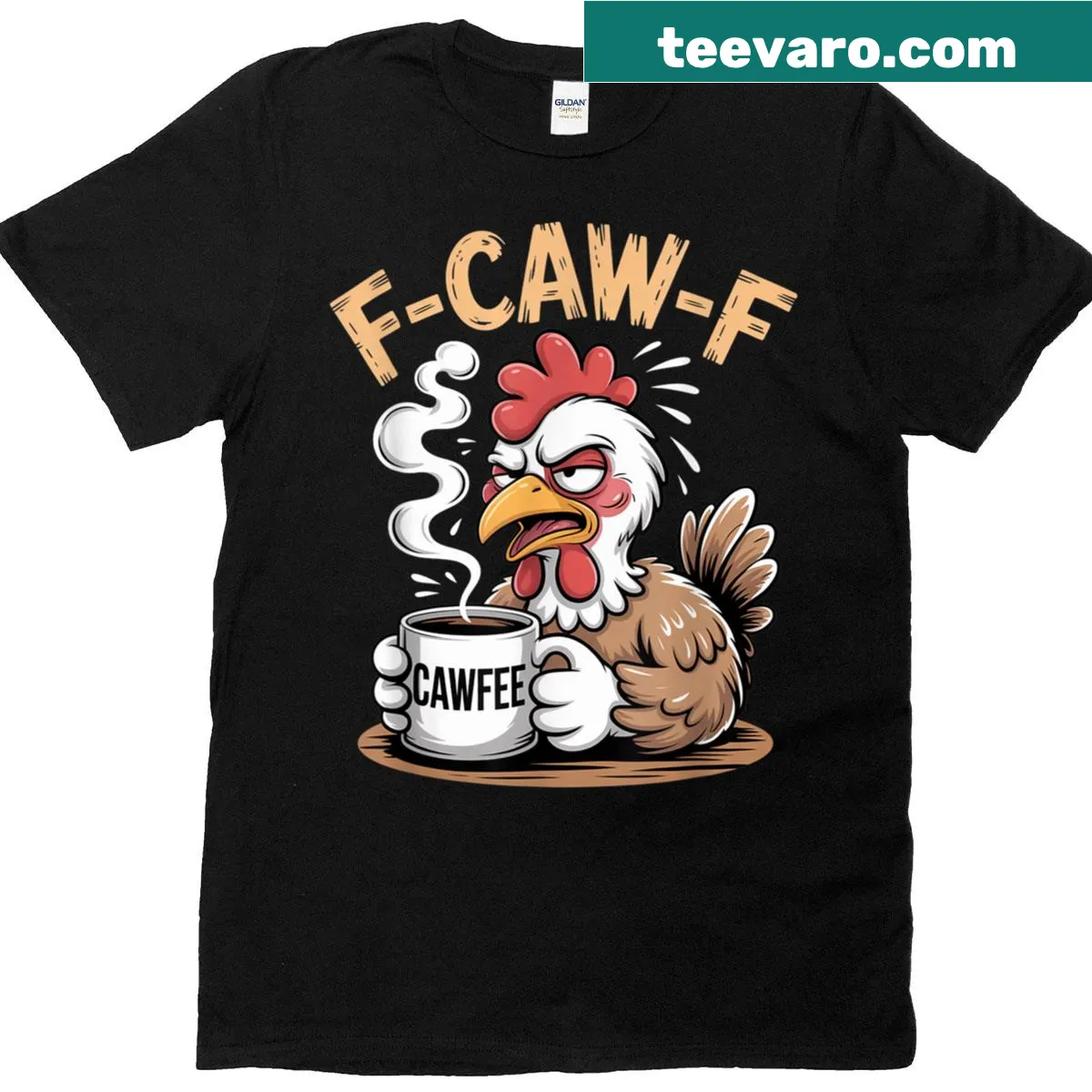 Funny coffee lover t-shirt with chicken and caffeine humor — on a men's t-shirt