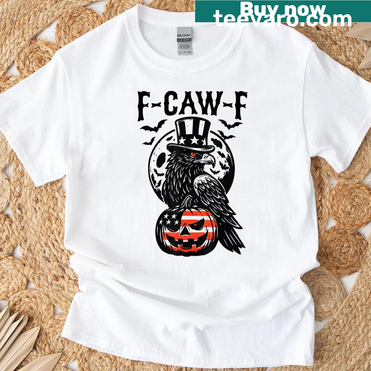 Funny black crow and gothic pumpkin graphic T-shirt — on a men's t-shirt