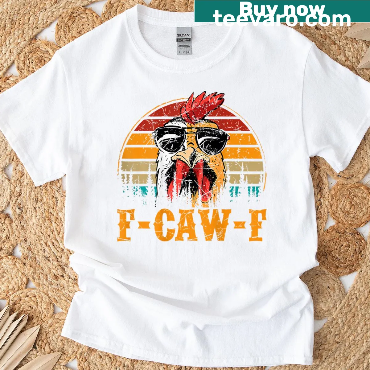 Humorous chicken meme T-shirt with a quote on the back — on a men's t-shirt