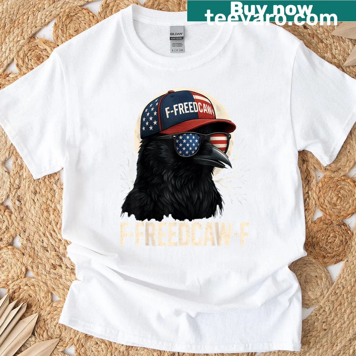 Edgy crow-themed T-shirt with humorous patriotic text — on a men's t-shirt