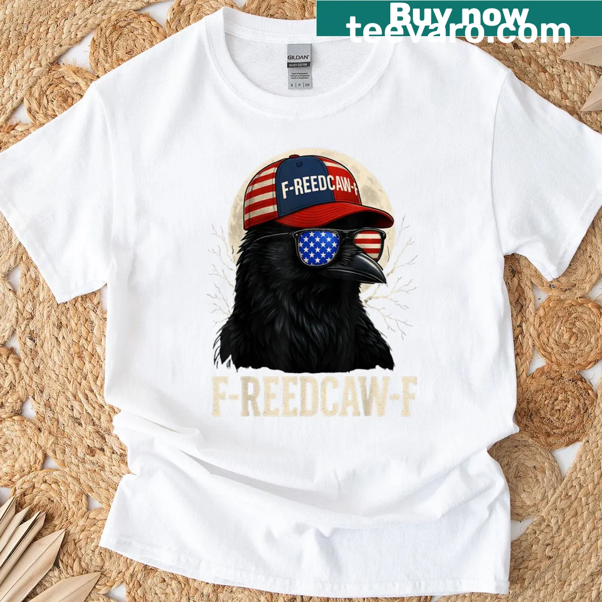 Humorous crow graphic with text on an American patriotic t-shirt — on a men's t-shirt
