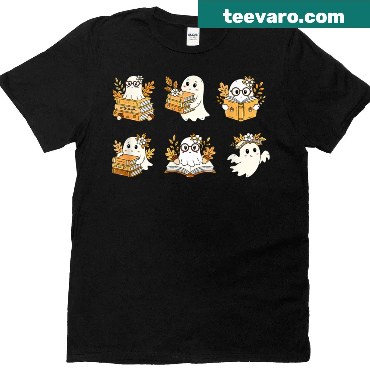 Whimsical t-shirt for book lovers with ghosts and autumn leaves — on a men's t-shirt