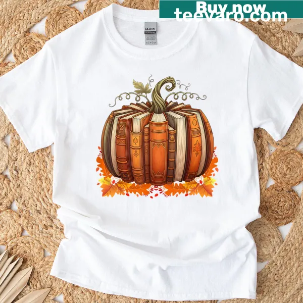 Fall-themed T-shirt with a pumpkin and book graphic