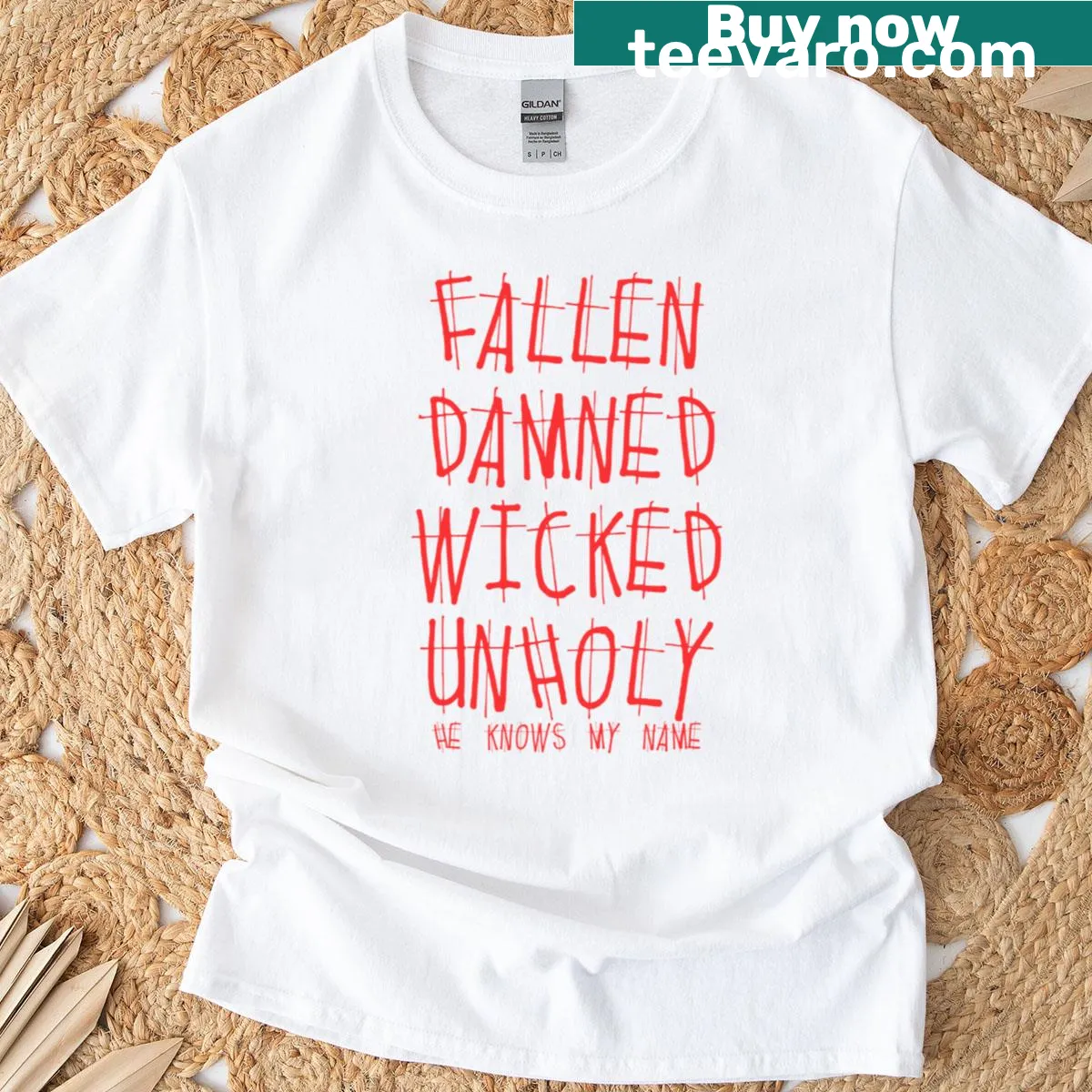 Gothic religious design with text about faith — on a men's t-shirt