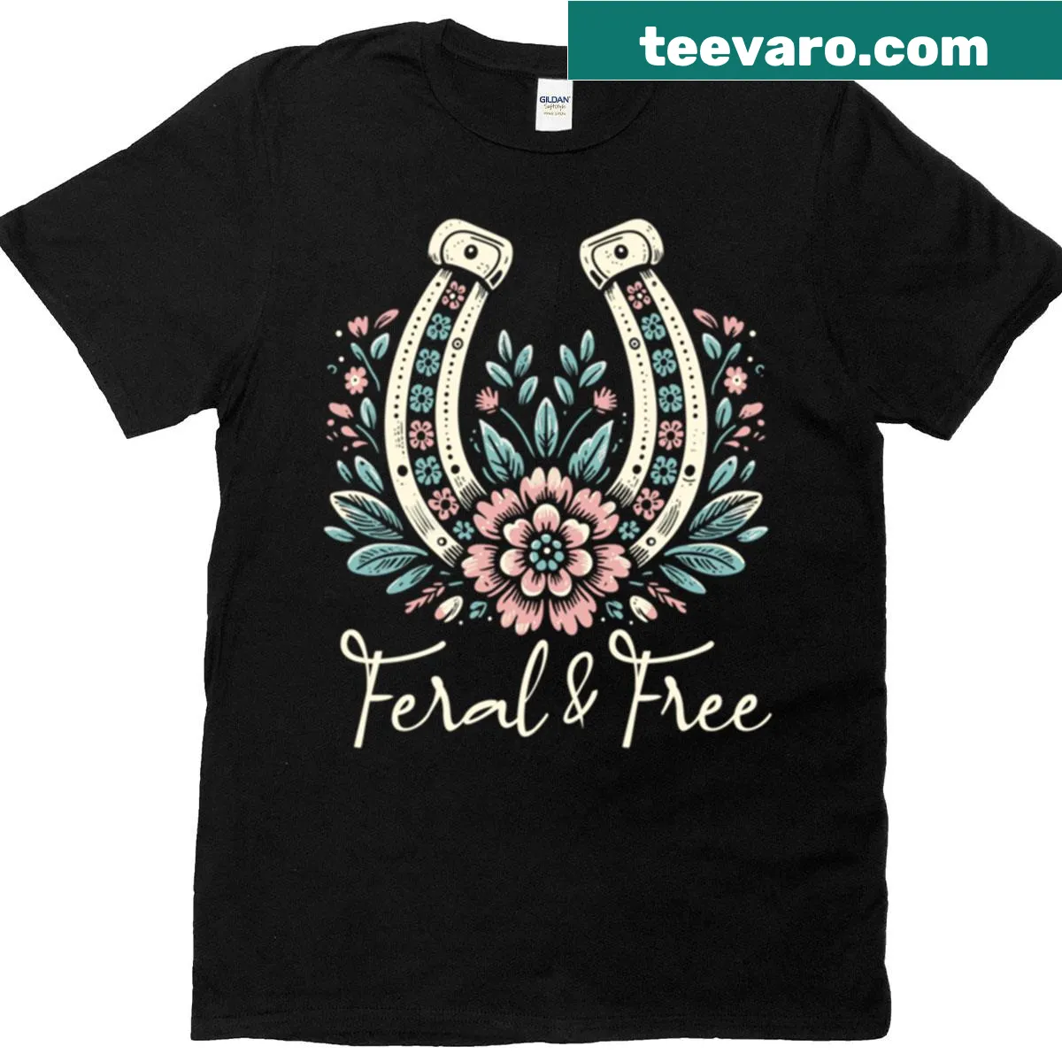 Floral horseshoe design on a boho t-shirt for cowgirls — on a men's t-shirt