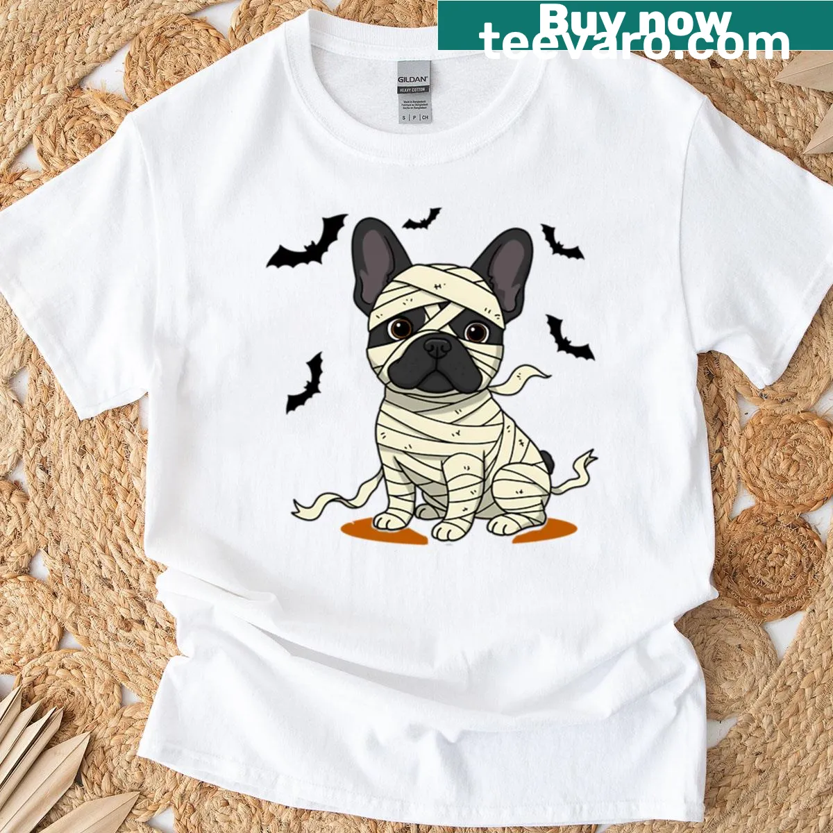 Cartoon French Bulldog mummy design for Halloween t-shirt — on a men's t-shirt