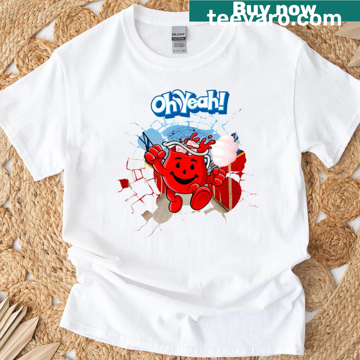 Retro fruit-themed graphic T-shirt with splash design — on a men's t-shirt