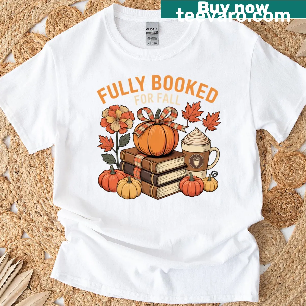 Autumn-themed T-shirt with books and pumpkin design for fall lovers — on a men's t-shirt