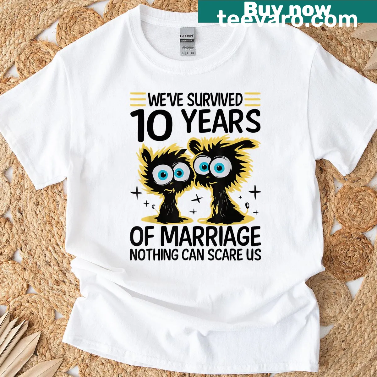 Funny 10th wedding anniversary t-shirt for couples with humorous text — on a men's t-shirt