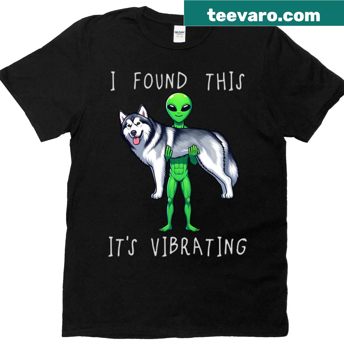 Cartoon T-shirt of an Alaskan Malamute with alien elements. — on a men's t-shirt