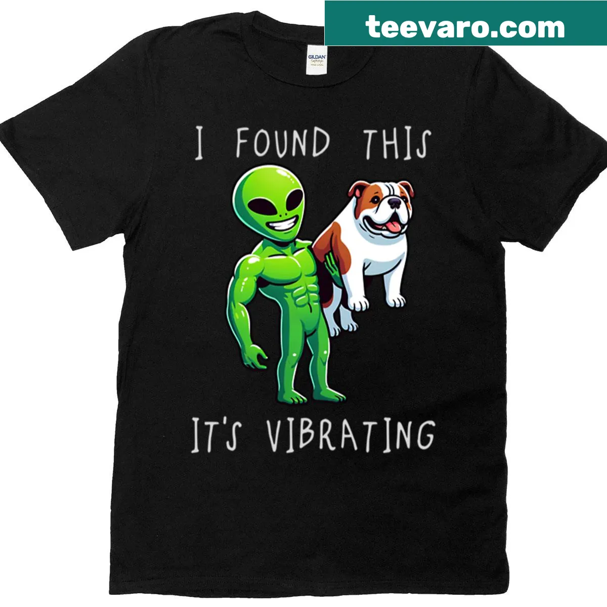 Illustration of an alien and an American Bulldog with humorous text — on a men's t-shirt