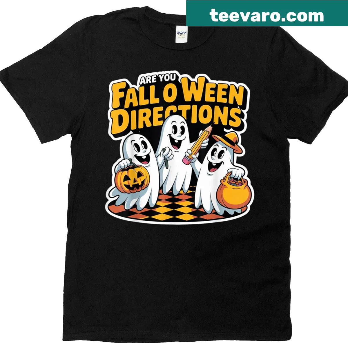 Cartoon ghost with Halloween directions humor for teachers — on a men's t-shirt