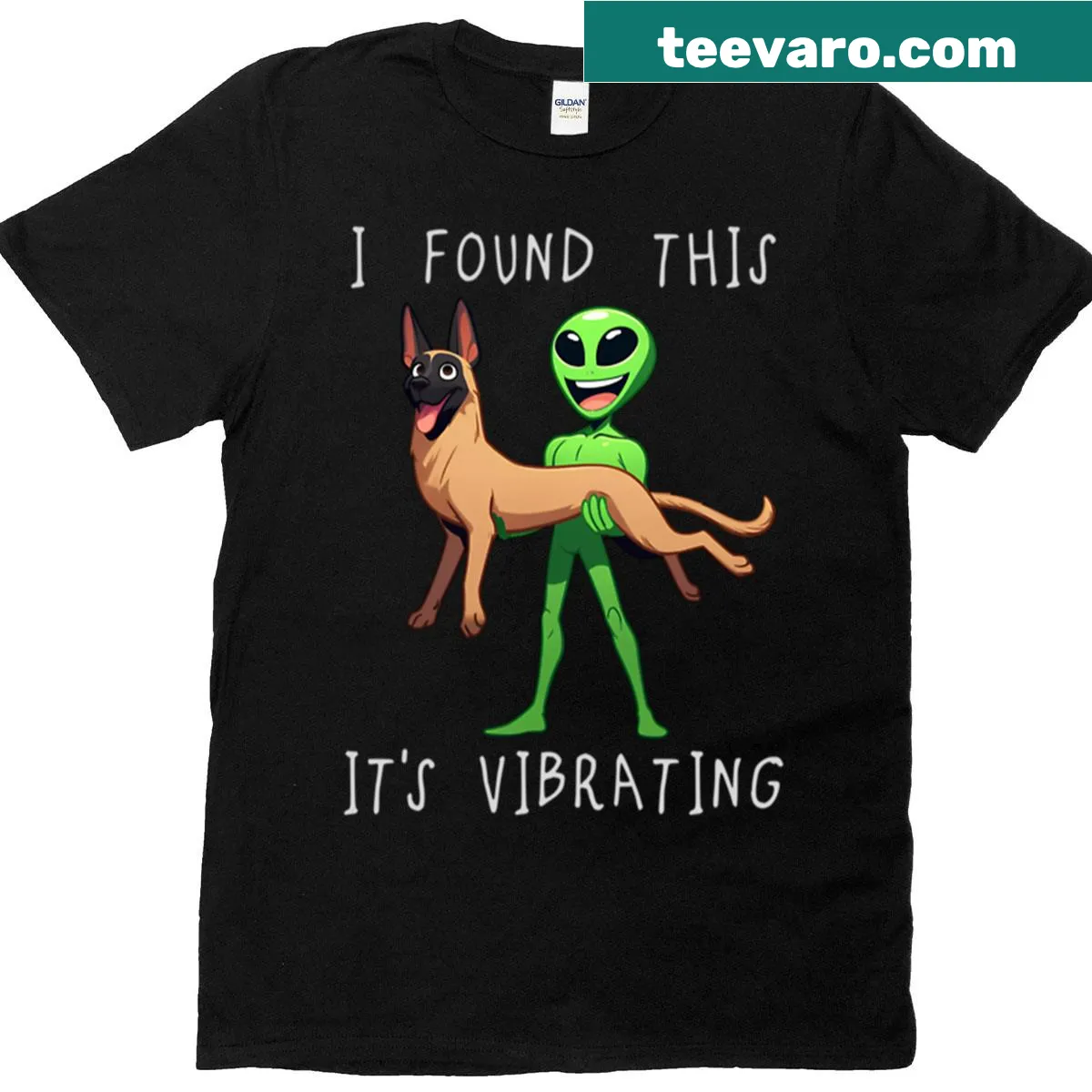 Funny graphic of a Belgian Malinois with alien elements — on a men's t-shirt