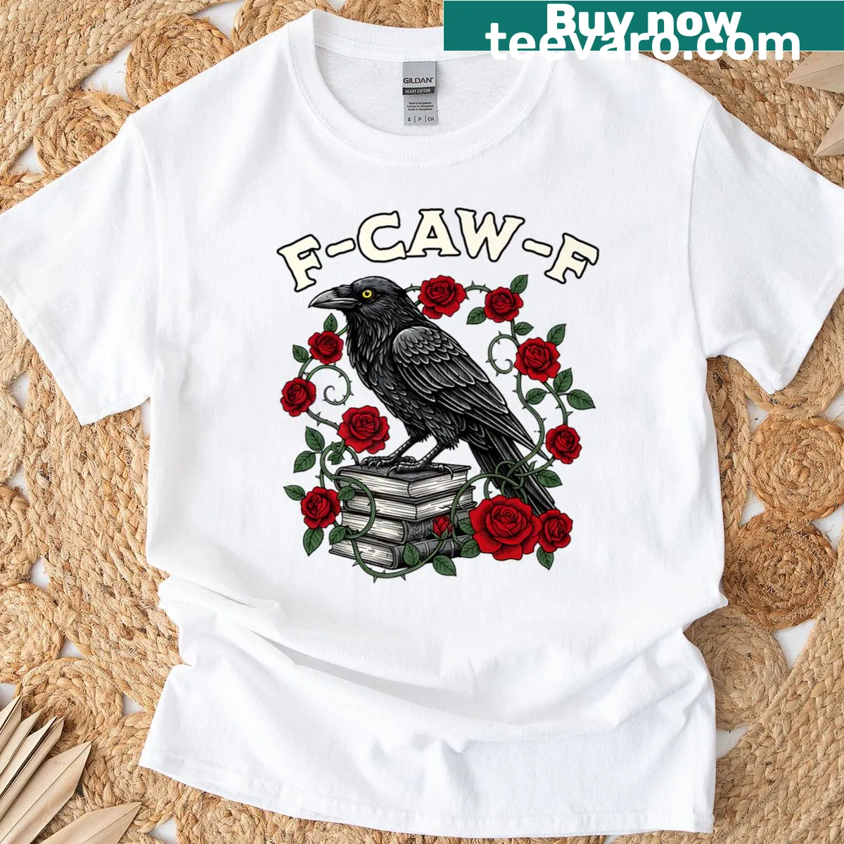 Humorous black crow graphic with F-caw-f text for adult humor — on a men's t-shirt