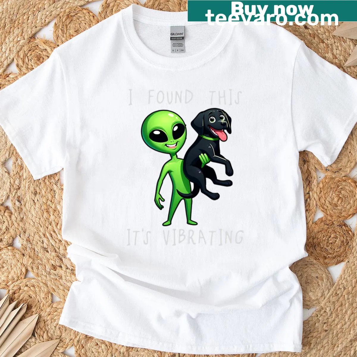 Vintage-style tee featuring a black Labrador and alien graphics with humorous text. — on a men's t-shirt