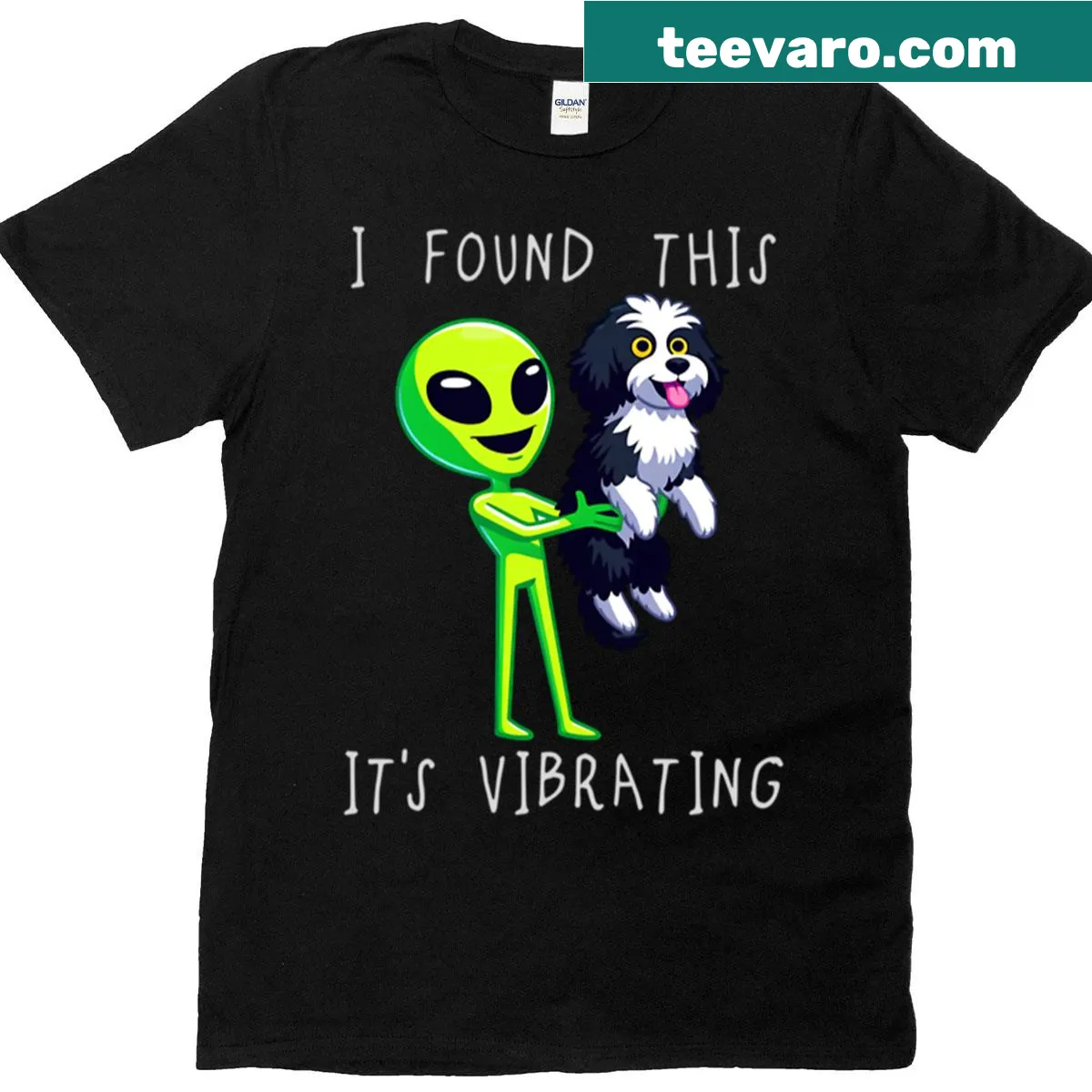 Funny alien Bordoodle graphic t-shirt for dog lovers — on a men's t-shirt