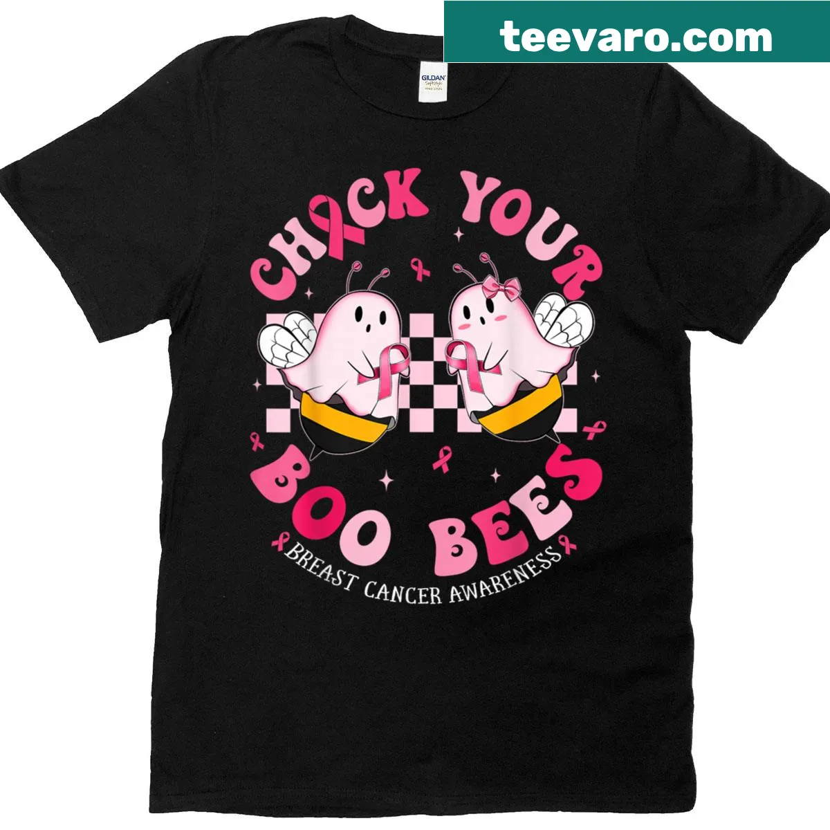 Humorous Halloween design promoting breast cancer awareness. — on a men's t-shirt
