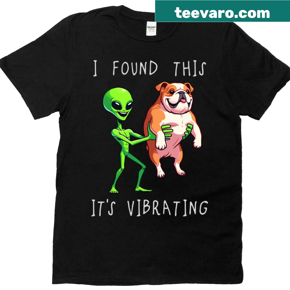 Cartoon bulldog alien graphic with humorous caption on a t-shirt — on a men's t-shirt