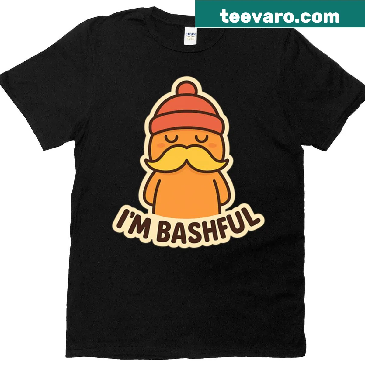 Cartoon meme-inspired bashful character t-shirt — on a men's t-shirt