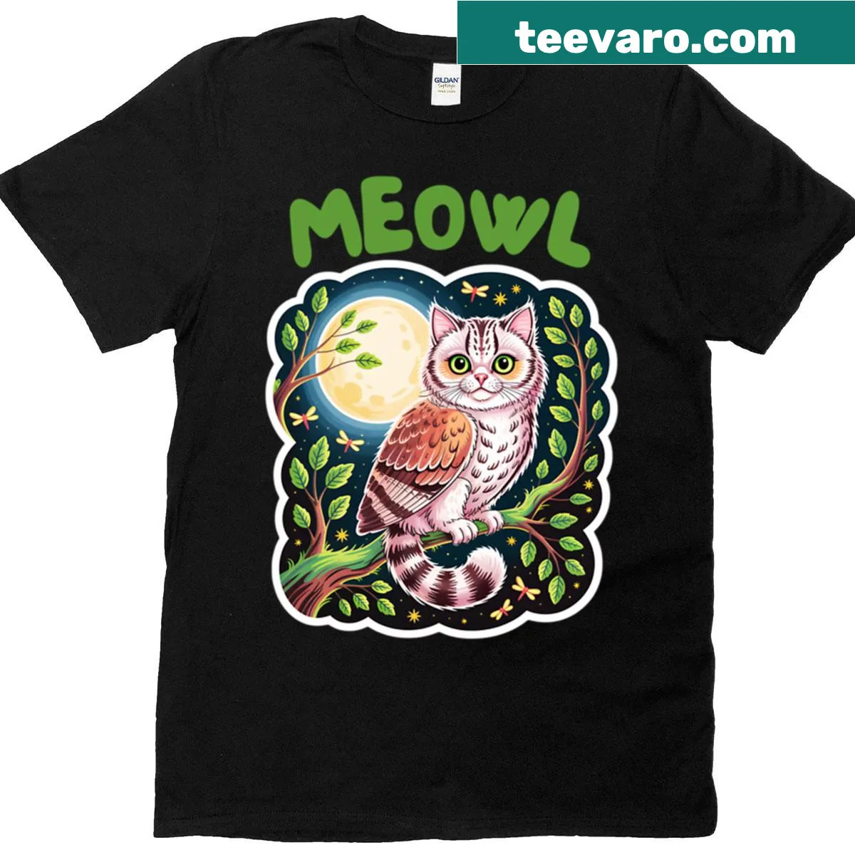 Humorous cat-owl hybrid graphic T-shirt for meme lovers — on a men's t-shirt