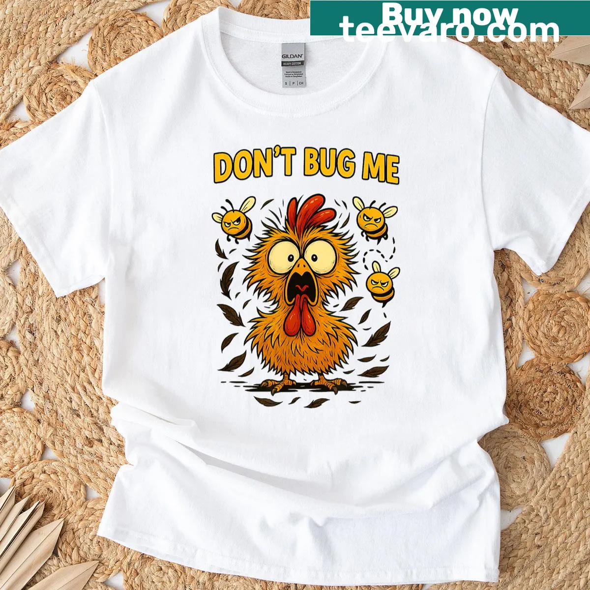 Funny T-shirt with chicken graphic and Don't Bug Me text. — on a men's t-shirt
