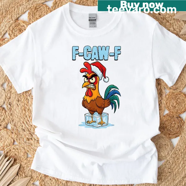 Festive rooster in Santa hat with F-caw-f phrase for Christmas