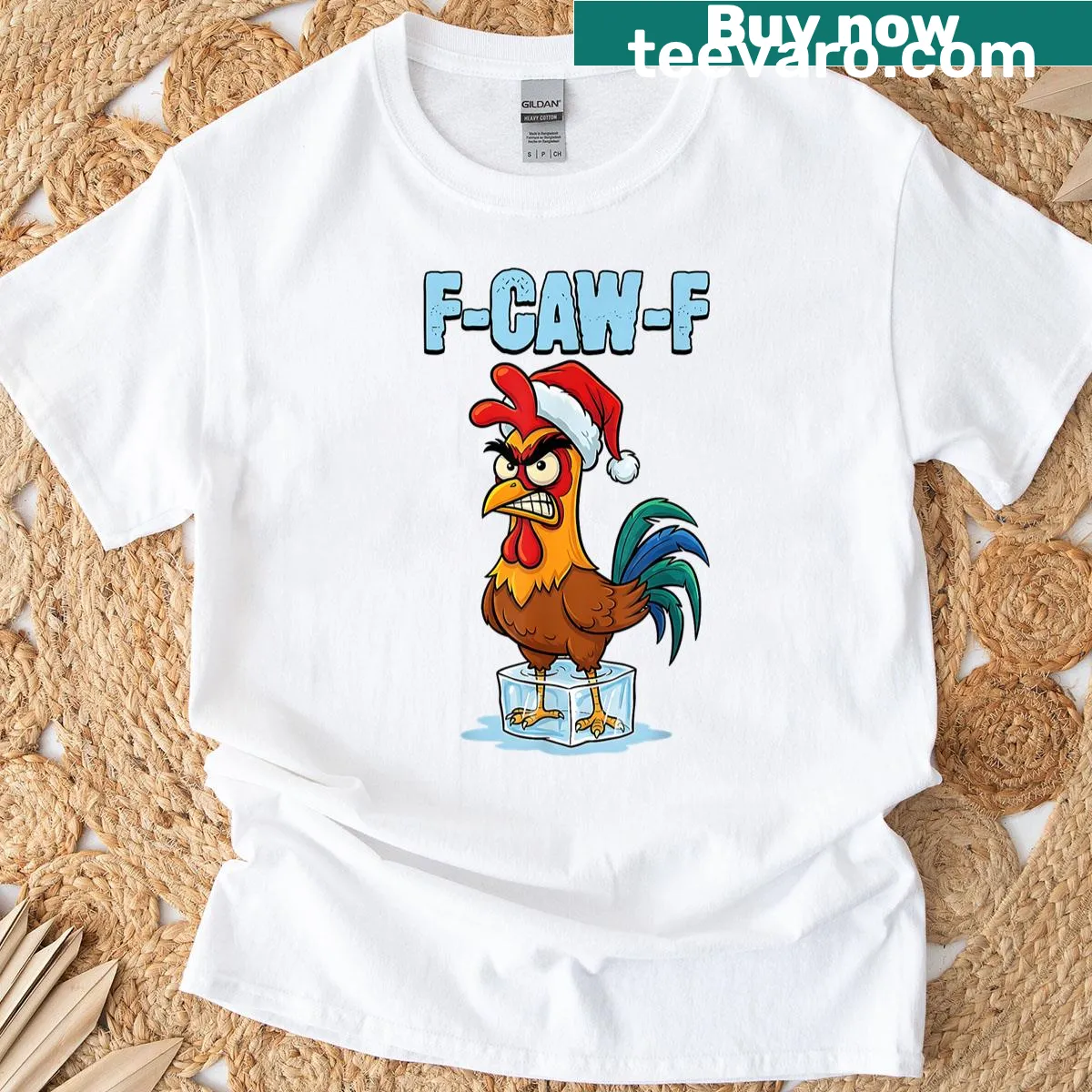 Festive rooster in Santa hat with F-caw-f phrase for Christmas — on a men's t-shirt