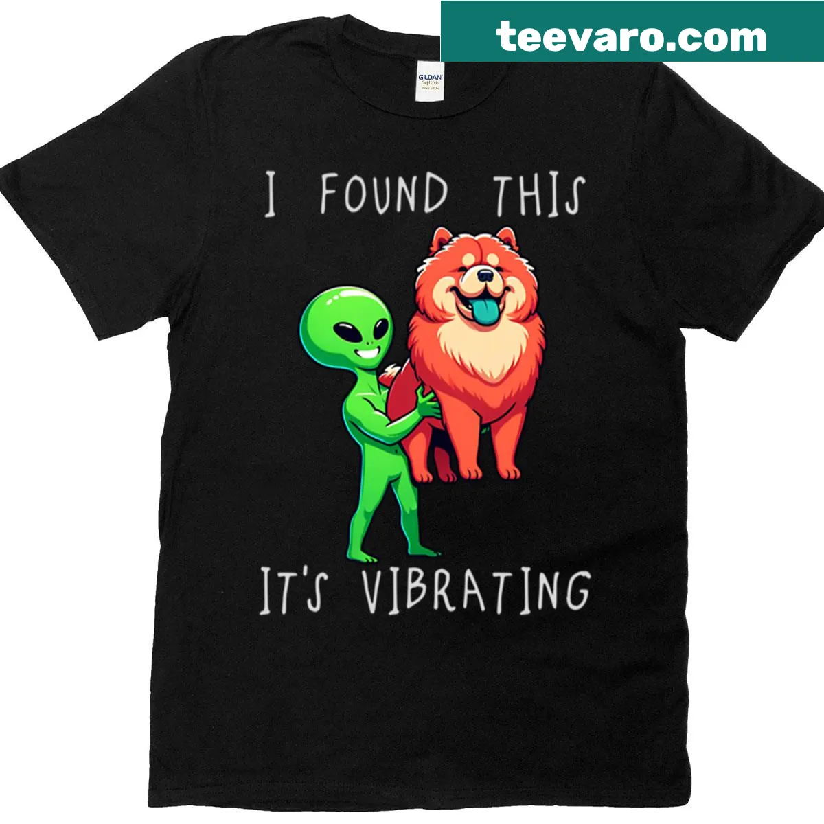 Illustration of an alien chow chow dog with humorous text — on a men's t-shirt