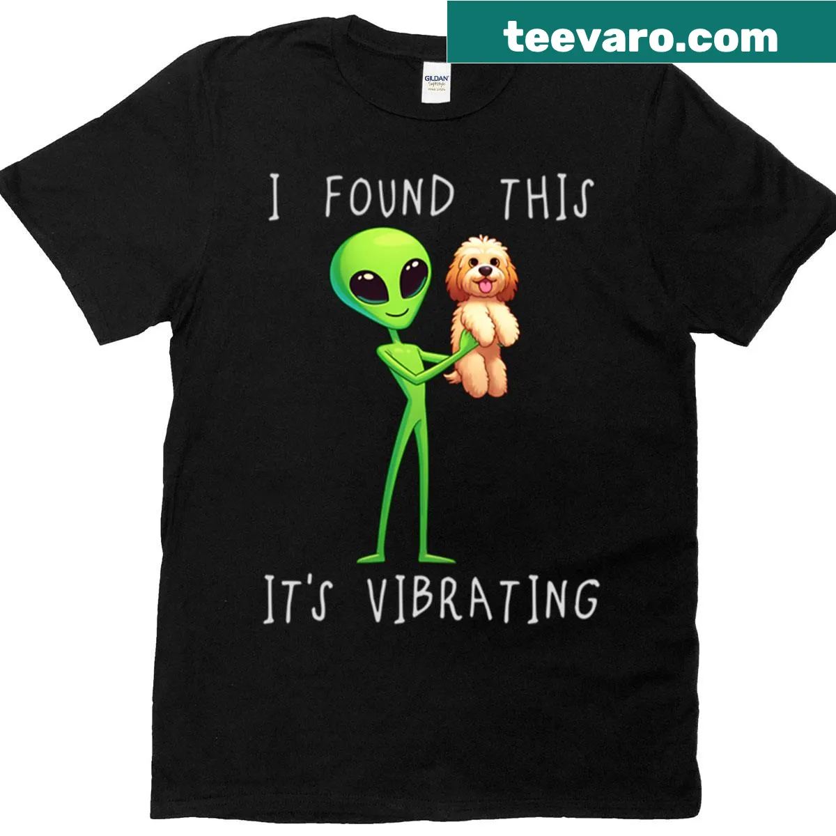 Cartoon alien cockapoo t-shirt with funny caption — on a men's t-shirt