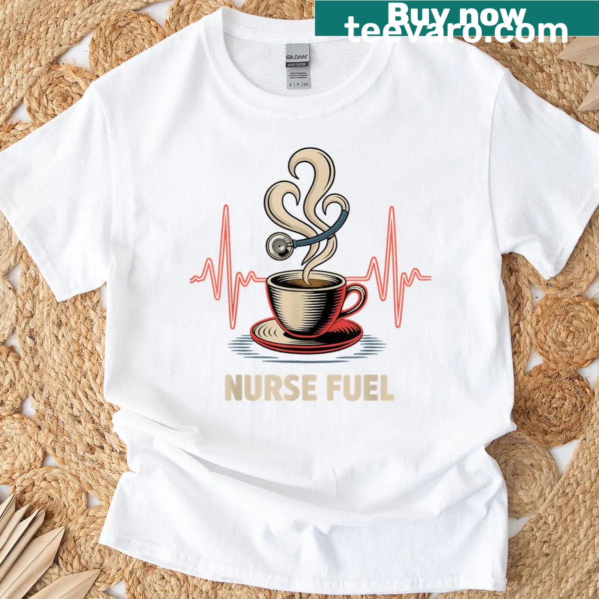 Nurse-themed coffee graphic with EKG line — on a men's t-shirt