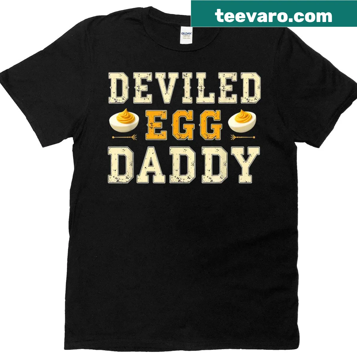 Dinner-themed humorous t-shirt with deviled egg text — on a men's t-shirt