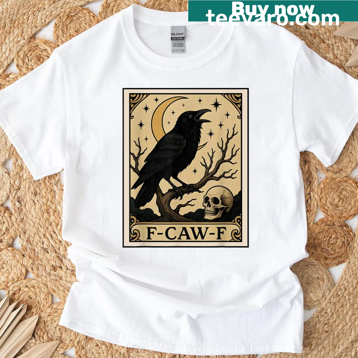 Gothic crow T-shirt with F-caw-f saying and tarot card design — on a men's t-shirt