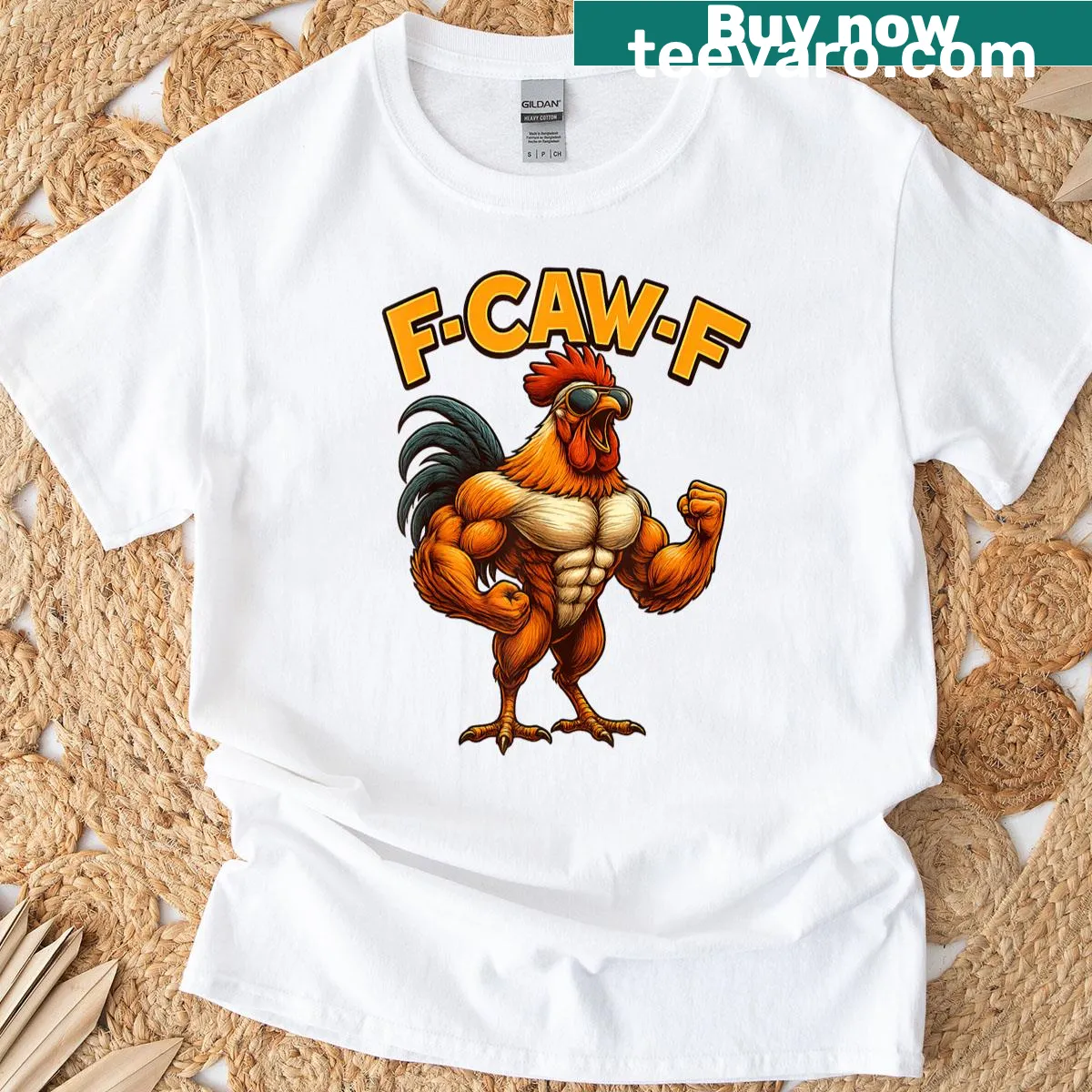 Whimsical rooster graphic with F-caw-f quote on a vintage-style t-shirt — on a men's t-shirt
