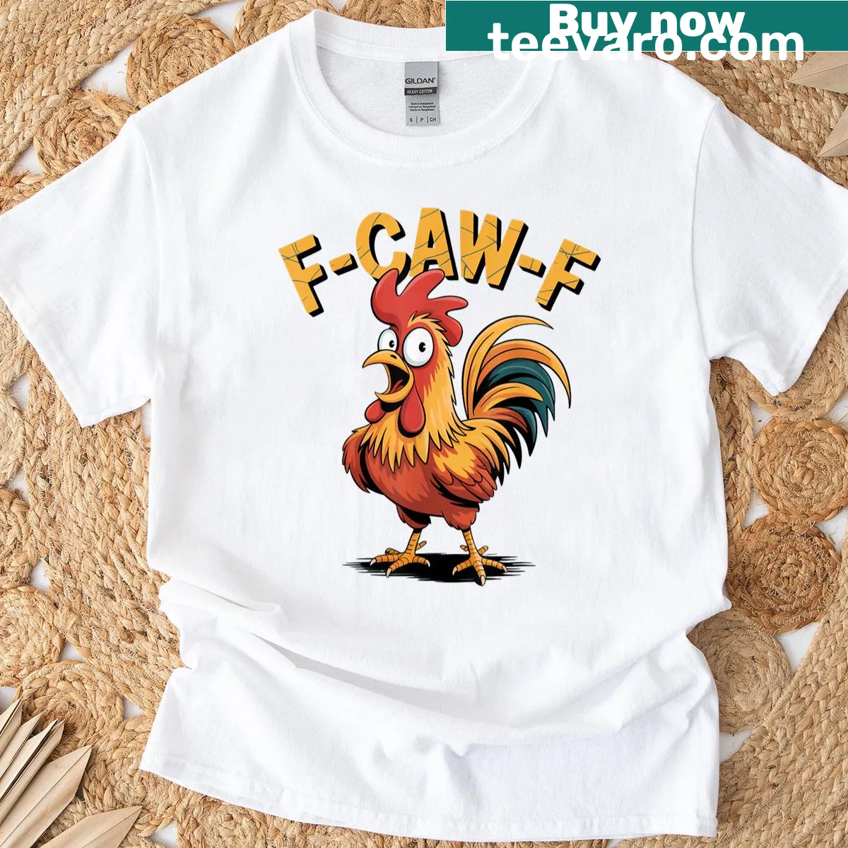 Humorous F-caw-f Chicken T-shirt with playful typography — on a men's t-shirt