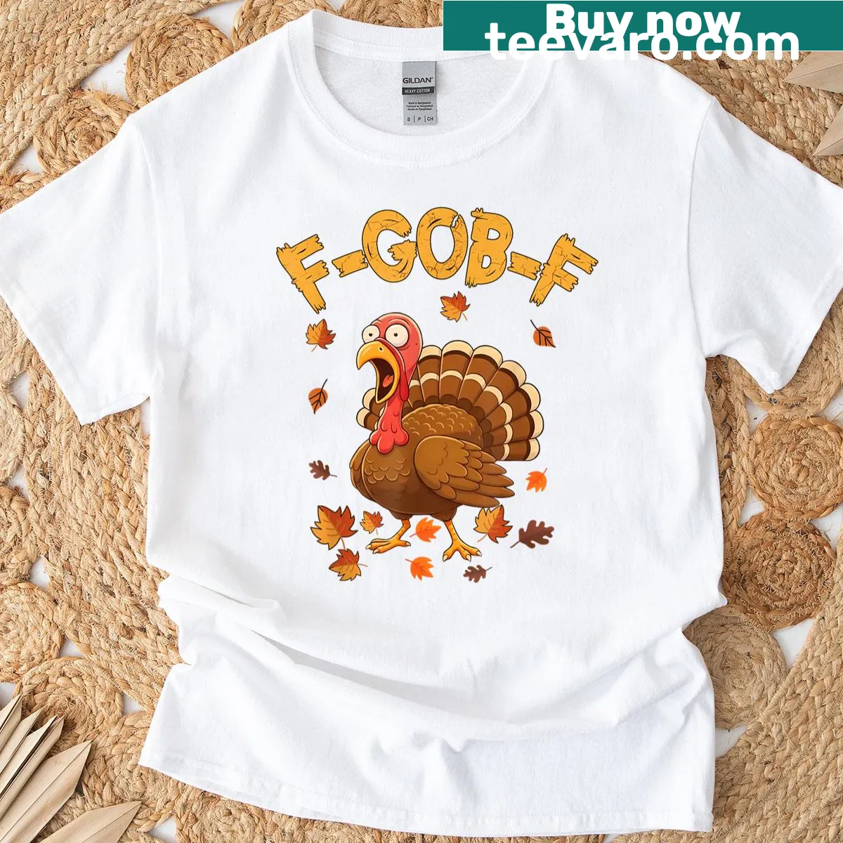 Thanksgiving-themed T-shirt with turkey and F-gob-f phrase. — on a men's t-shirt