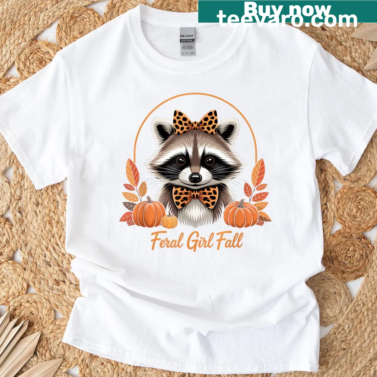 Autumn-themed T-shirt with raccoon and Feral Girl phrase. — on a men's t-shirt