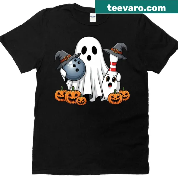 Halloween T-shirt with playful ghosts bowling and pumpkins