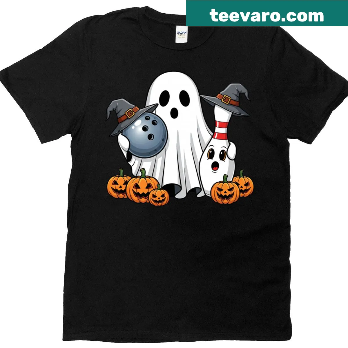Halloween T-shirt with playful ghosts bowling and pumpkins — on a men's t-shirt