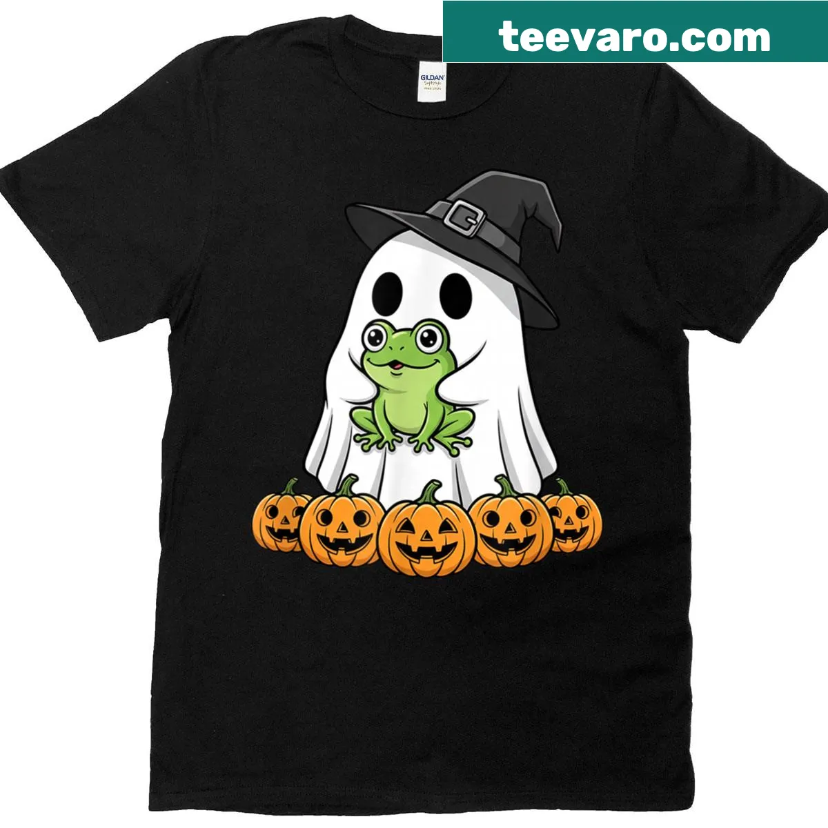 Ghost frog with pumpkins in a fun cartoon design — on a men's t-shirt