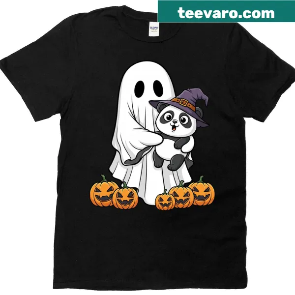 Ghost panda with pumpkin graphic on a Halloween t-shirt