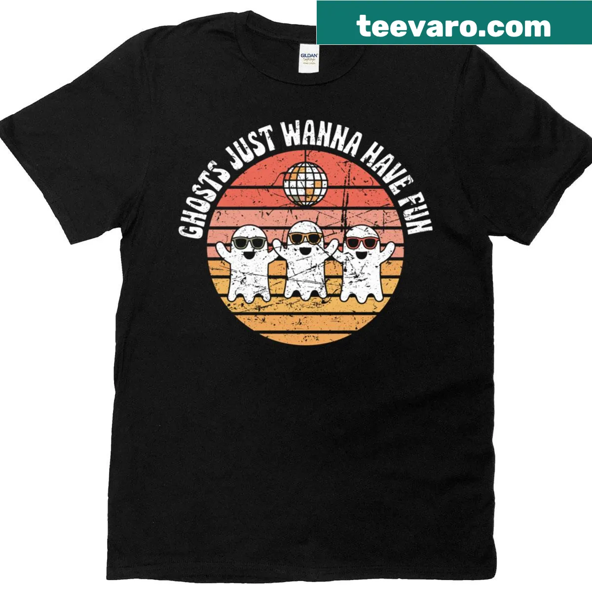 Lighthearted T-shirt featuring fun, cartoon ghosts celebrating Halloween — on a men's t-shirt