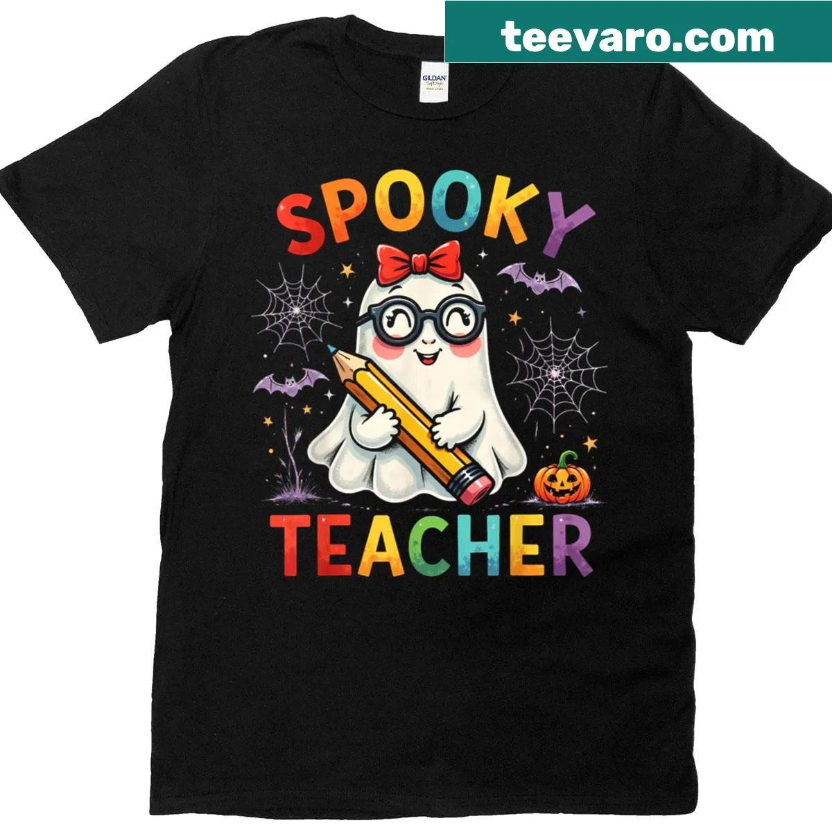 Cute ghost graphic T-shirt for teachers with Halloween theme — on a men's t-shirt
