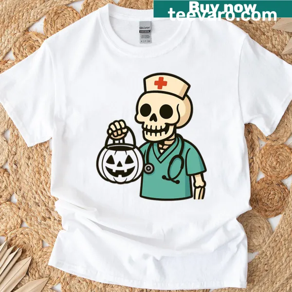 Halloween T-shirt with funny skeleton nurse and pumpkin graphic
