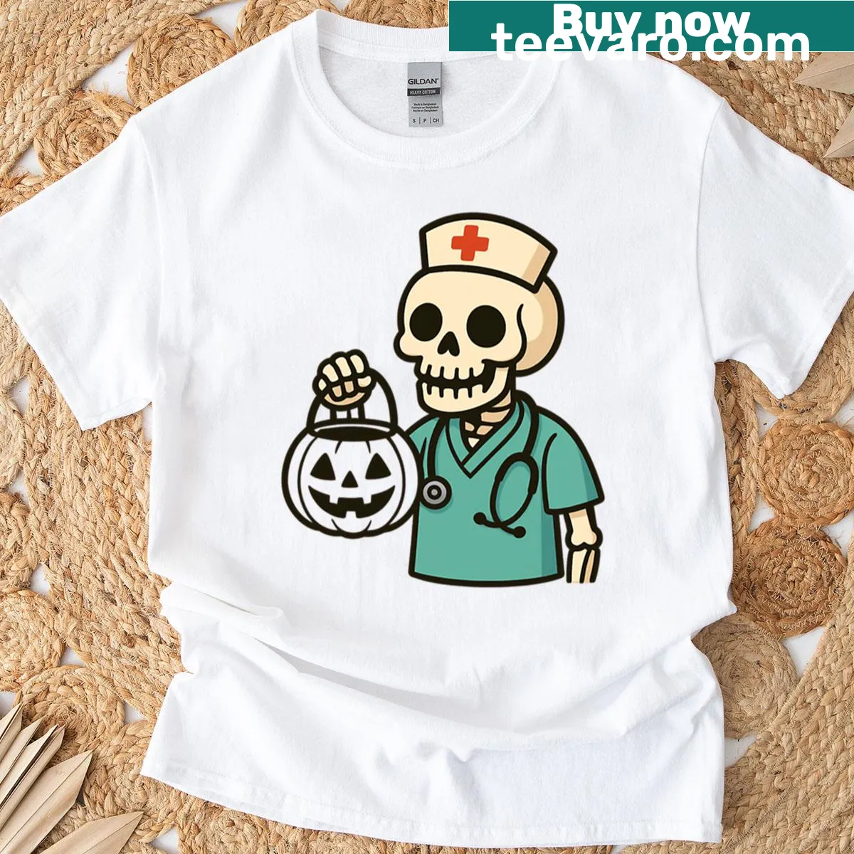 Halloween T-shirt with funny skeleton nurse and pumpkin graphic — on a men's t-shirt