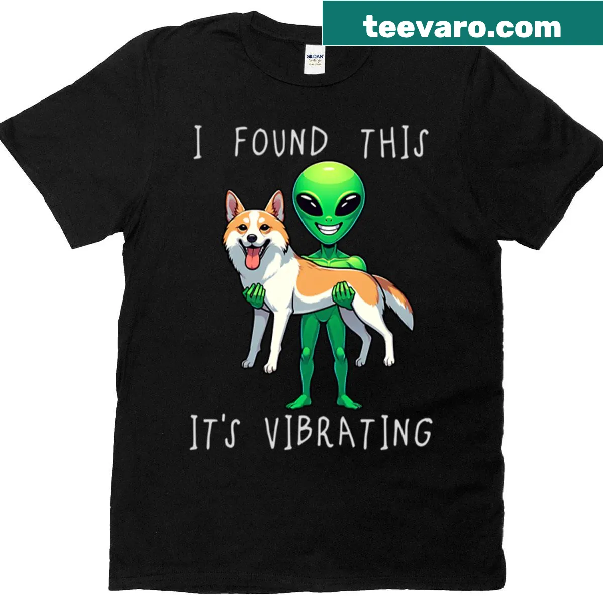 Funny Korean Jindo alien t-shirt with playful text — on a men's t-shirt
